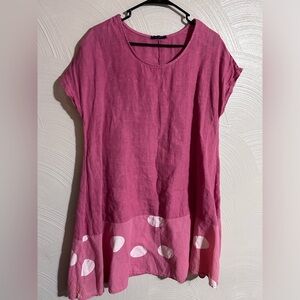 Talia Benson Women’s Sz L Linen/ Cotton Tunic Polka Dot Pink Dress Made In Italy